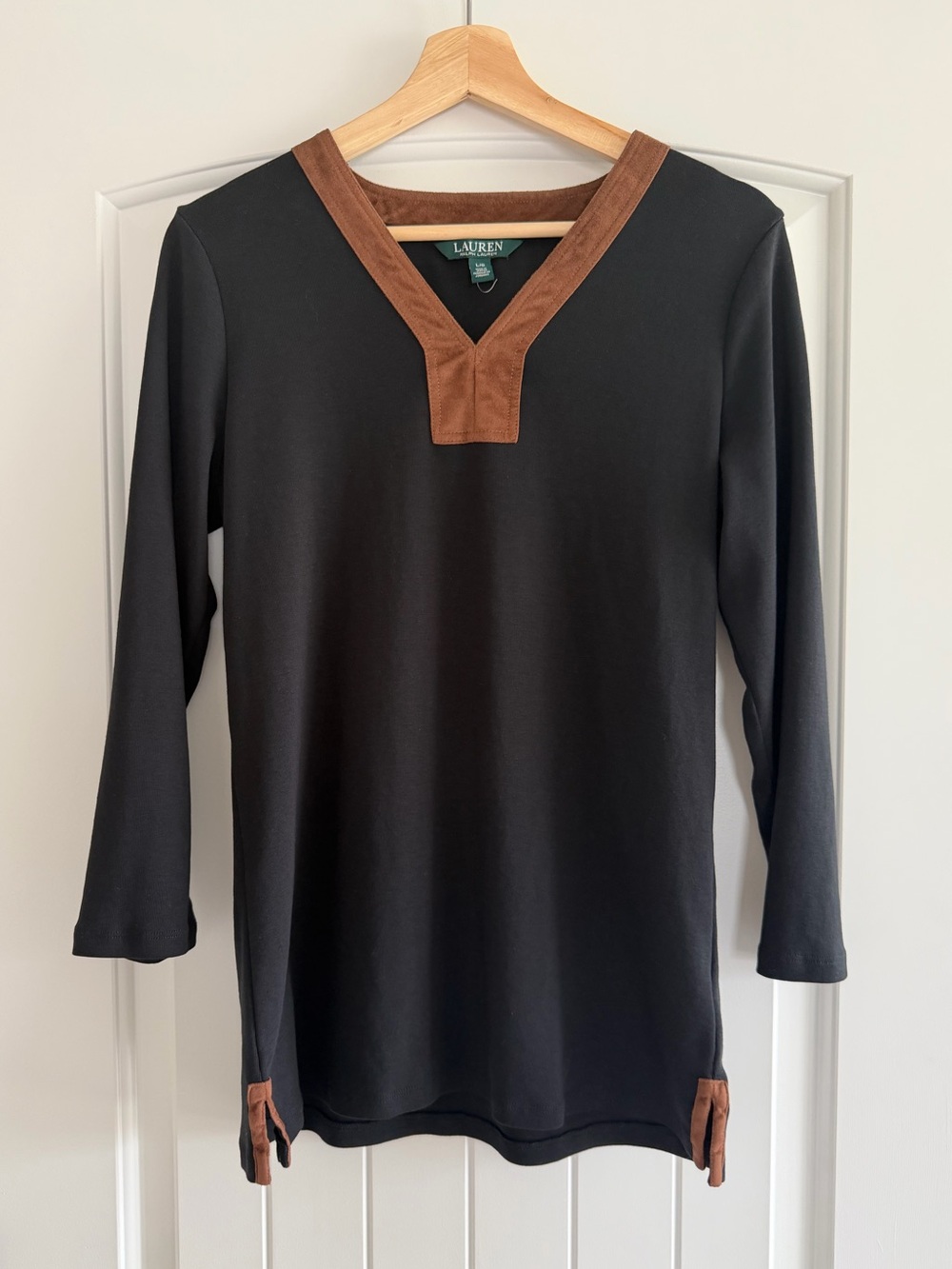 Lauren Ralph Lauren Women’s Black Tunic w/ Brown Suede Trim Detailing Size Large - Picture 2 of 7
